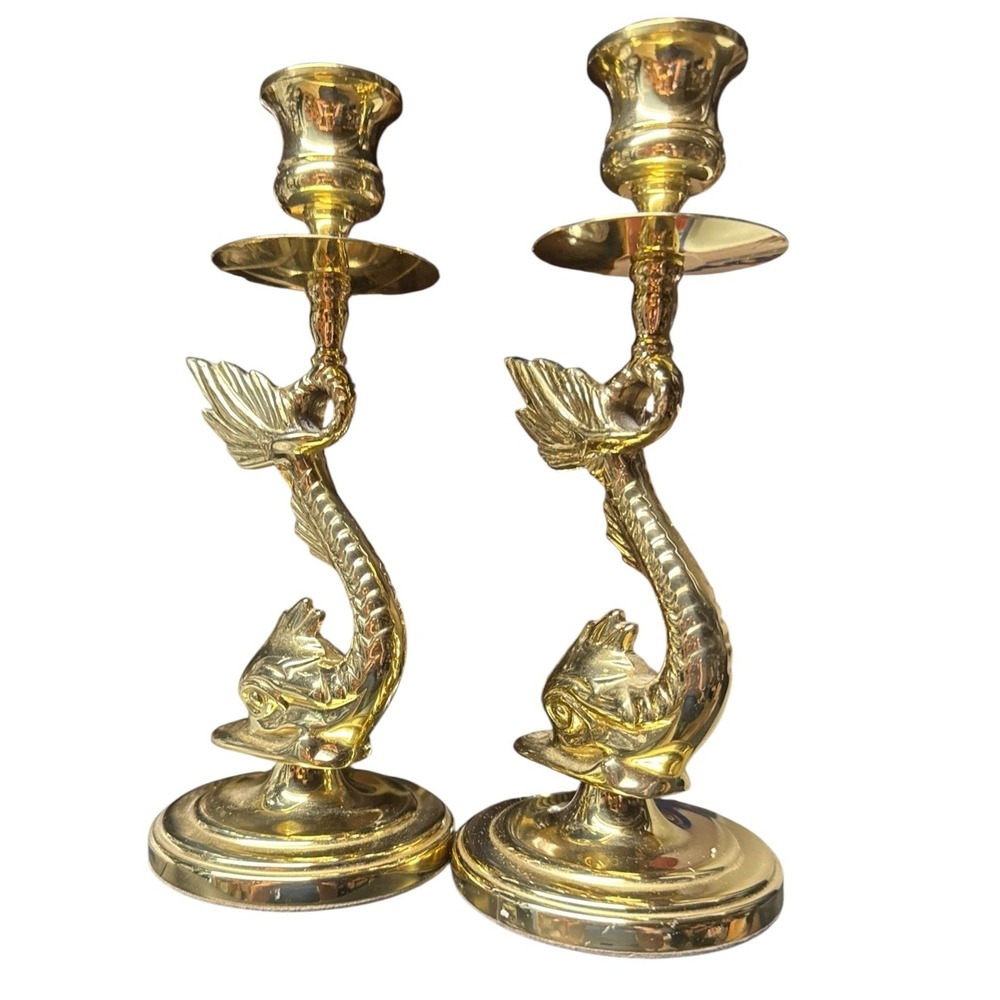 VINTAGE PAIR OF BALDWIN BRASS Candlesticks Candle Holders set KOI, DOLPHIN 8"
